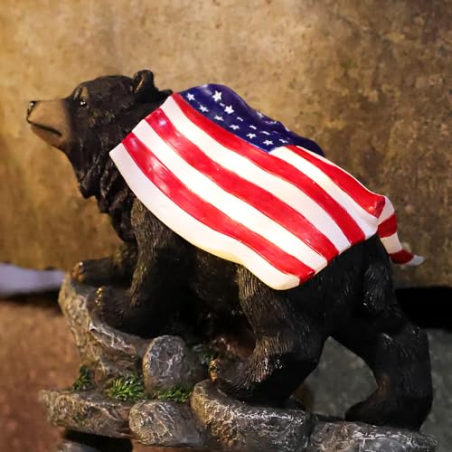 Suyorpe Bear Solar Lights Outdoor Statue - Garden Black Bear with Light up American Flag Solar Animals Outdoor Waterproof Decor for Patio,Porch,Balcony,Yard,Lawn - color: Flag