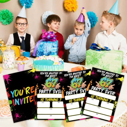Gamer 7th Birthday Invitation Cards with Envelopes, 20 Pack 4x6 Fill-In Party Invites for Boys Girls, Neon Kids Birthday Party Supplies - B06 - color: 6 7 Gamer