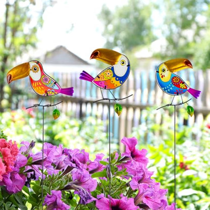Set of 3 Toucan Stained Glass Decorative Garden Stakes - color: Toucan