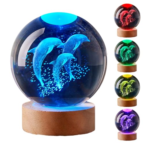 Large Dolphin Crystal Ball Night Light with Woodern Base, 3D Dolphins Crystal Lamp 16 Color Changing with Remote Control, Laser Engraved Glass Dolphin Ball Lamp, Room Decor (Sea World) - style: Sea World