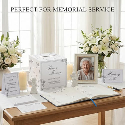 Funeral Guest Book Set with Wooden Keepsake Box, Memory Cards & Pens | Complete Memorial Table Set Includes guest book, keepsake box, 50 memory cards, card drop box, sign, instruction card & pens - style: Guest Box Kit