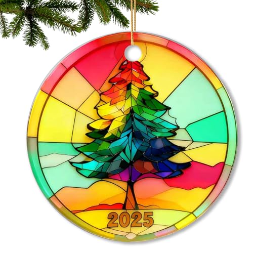 Christmas Tree Ornaments 2025 Faux Rainbow Color Stained Glass Effect Christmas Tree Collectible Holiday Décor Family Friends Keepsake Gift Xmas Stocking Stuffers for Women, Men - color: Christmas Tree Rainbow