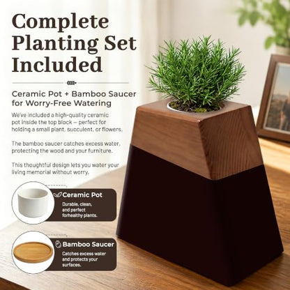 Plant Urn for Adult Memorial Keepsake, Solid Wood, Large Capacity, with Ceramic Pot, Bamboo Saucer, and Muslin Bag