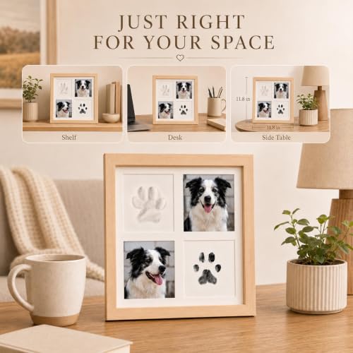 Paw Print Kit with Ink Pad, Soft Clay and 4-Panel Pet Frame | Inkless pad; soft clay; 4-panel frame for 2 photos and 2 prints; tabletop or wall display; dog and cat gift