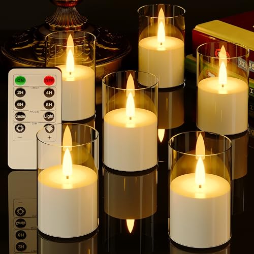 VIODAIM 6Pack Flickering Flameless LED Candles with Remote & Timer, Battery Powered - Small Pillar & Votive, Clear (2"X3") | Small Pillar & Votive Candle with Realistic Flickering Warm Glow for Centerpieces, Wedding Tables, Holiday, and Home Decor - color