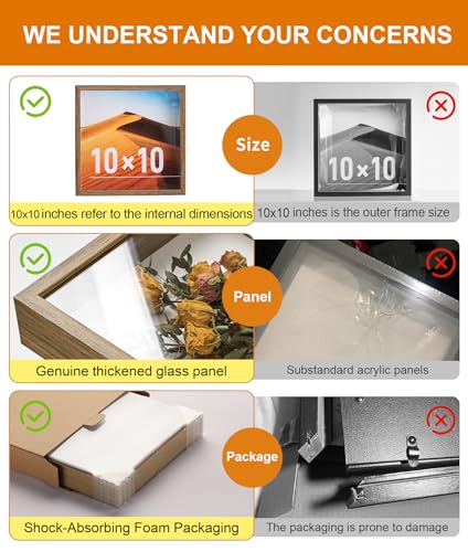 10x10 Shadow Box Frame with Ultra-Clear Glass & Soft Linen Back | With Push Pins and Stand, Deep 1.2" Brown Shadow Box Display Case – Display on Tabletop or Wall for Photo, Flower, Keepsakes - color: Brown+high Definition Panel + Shatter-proof Packaging,