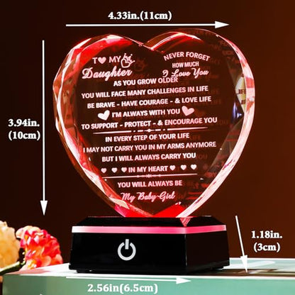 YWHL Daughter Gifts from Mom Dad Birthday Gifts for Daughter Adult to My Daughter Heart Crystal Keepsake with Colorful Base Meaningful Gifts for Daughter on Christmas Graduation Valentine Day - color: Daughter Gifts+led