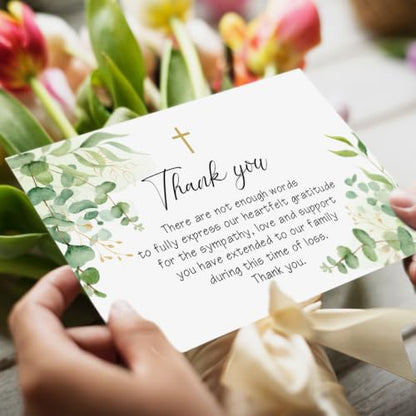 50 Pack Funeral Thank You Cards with Envelopes, Message Inside | 4x6In Thank You Cards for Funeral, Cross & Eucalyptus Design, Sympathy Bereavement Thank You Cards, Thank Family/Friends