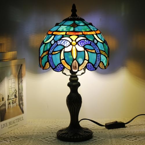 Small Tiffany Stained Glass Table Lamp,Brown Jewelry Baroque | Mini Desk Accent Light, Bedroom Bedside Reading, Antique Style Decor, 8X15 Inches - color: Brown Jewelry Baroque