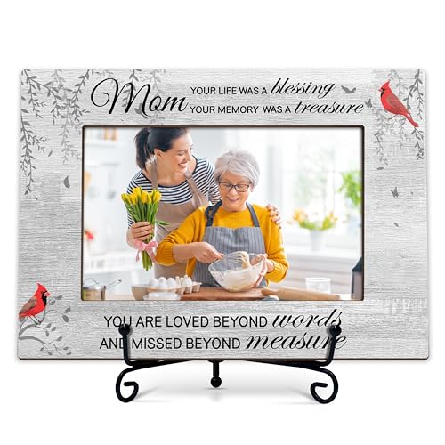 Mom Memorial Photo Frame Gifts, Your Life Was A Blessing Themed Remembrance Frames, Cardinal Sympathy Wooden Picture Frame With Stand, Bereavement Condolence Gifts For Loss Of Mother -46
