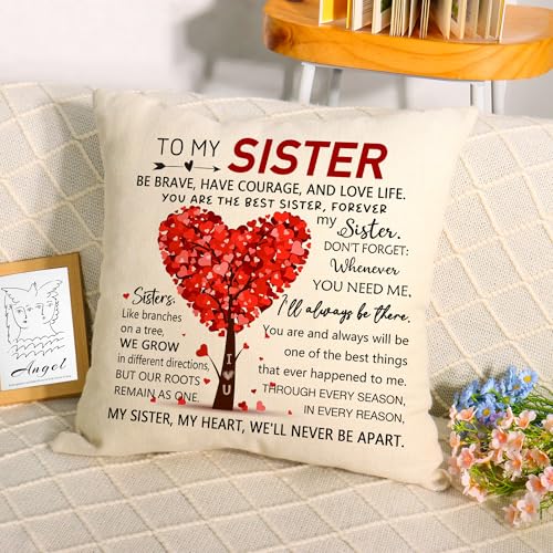 Sister Gift for Women Sister Elephant Decorative Throw Pillow Cover Presents for Soul Sister Best Friend Birthday Chirstmas Friendship Gift Inspirational Quote Keepsake 18x18 Inch (To My Sister)