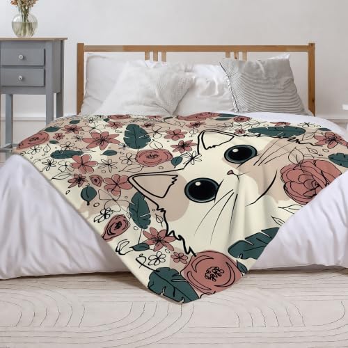 Cute Cat Fleece Throw Blanket, Floral Flannel Blankets for Couch 50"×60" - color: Cat