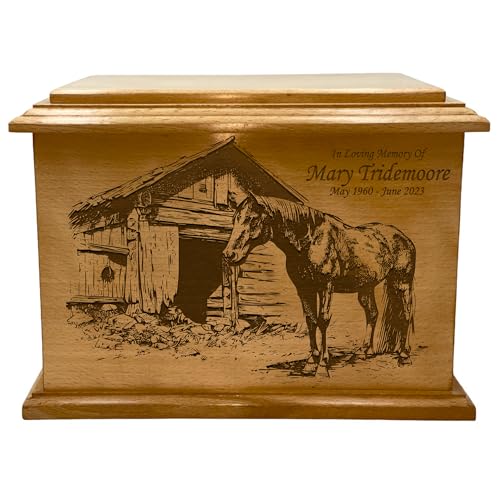 Wooden Urn for Human Ashes, Large Funeral Cremation Urn with Personlaization and Multiple Designs (Farm Horse)