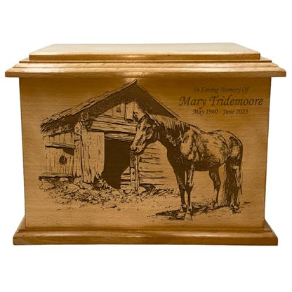 Wooden Urn for Human Ashes, Large Funeral Cremation Urn with Personlaization and Multiple Designs (Farm Horse)
