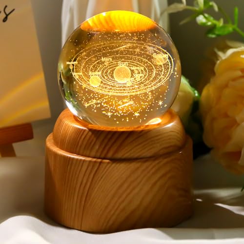 Ornalrist 3D Solar System 2.36“ Crystal Ball with Rotated Wood Bases, Space Decor Astronomy Gifts for Women Men Physics Enthusiasts Science Teacher Planet Lamp Universe Night Light - color: Solar System