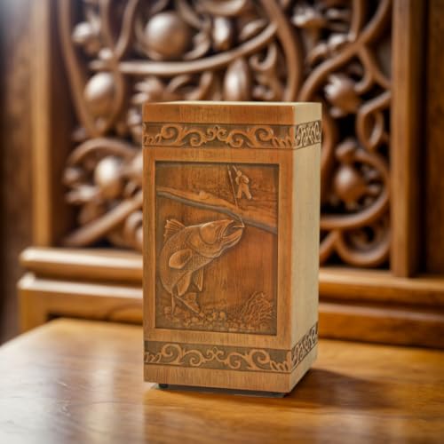 Wooden Cremation Urn for Human Ashes, Adult, Male/Female, Large, Design, 250 lbs Capacity (Walnut Wood Color, 250LBS, Fishing)