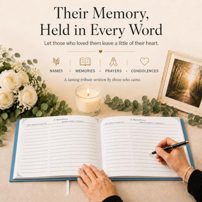 Funeral Guest Book – Blue Version – 9x7 in, 100 Thick Pages - color: Blue