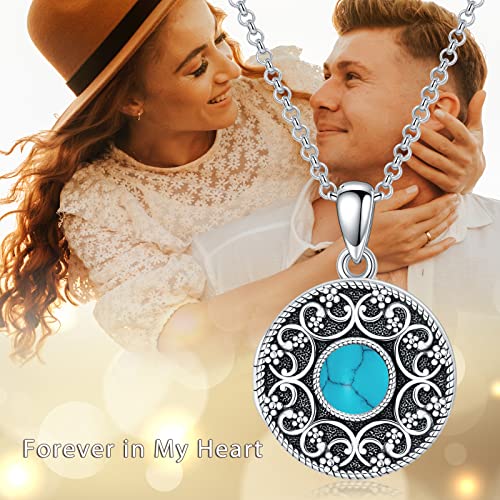 Round Locket Necklace 925 Sterling Silver Filigree/Flower Locket Necklace That Holds Pictures Birthday Christmas Jewelry Gifts for Women - color: 05-Turquoise Locket
