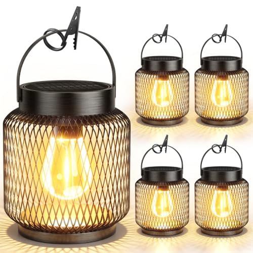 KOOPER Metal Solar Lanterns Outdoor Waterproof, 4 Pack Brighter Hanging Solar Lights for Outside, Up to 15 Hours Modern Hanging Solar Powered Lanterns Lights for Yard Patio Path Tree Garden Decorative - style: 4 Pack