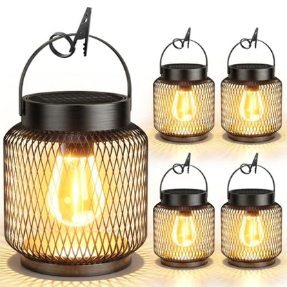KOOPER Metal Solar Lanterns Outdoor Waterproof, 4 Pack Brighter Hanging Solar Lights for Outside, Up to 15 Hours Modern Hanging Solar Powered Lanterns Lights for Yard Patio Path Tree Garden Decorative - style: 4 Pack