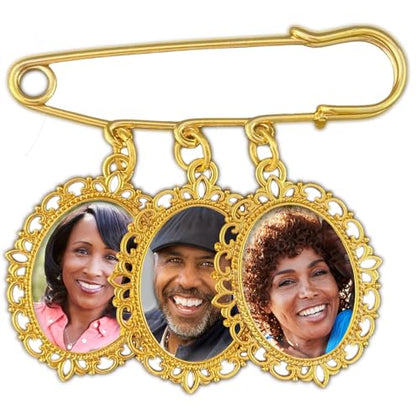 Gold Wedding Bouquet Photo Charm Memorial Pin for Bouquet 3 Pictures