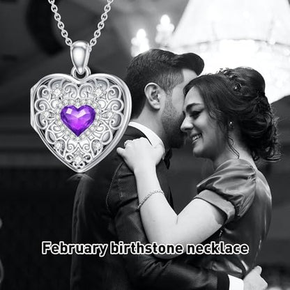 Heart Locket Necklace 925 Sterling Silver Personalized Picture Locket Pendant Birthday Christmas Jewelry Memorial Gifts for Women - color: February Crystal Locket
