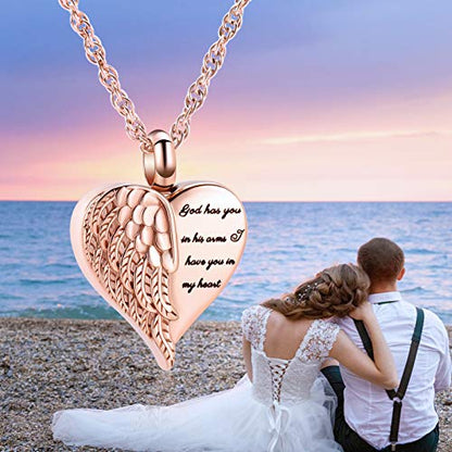 shajwo Cremation Heart Urn Necklace Ashes Jewelry for Women Men Keepsake Pendant Memorial Locket Ash Holder - color: Wing-Rose Gold
