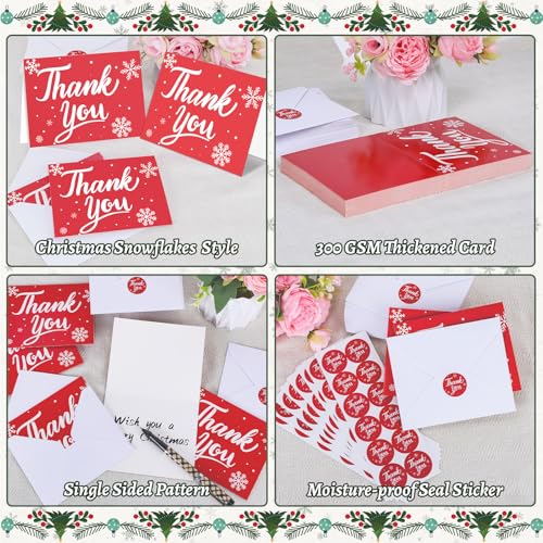 300 Pack Christmas Thank You Cards with Envelopes and Matching Stickers, 4.5x5.55 Inches Greeting Cards, Red Snowflake Thank you Cards for Xmas Wedding Graduation Business and Baby Shower - color: Red