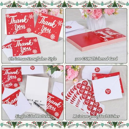 300 Pack Christmas Thank You Cards with Envelopes and Matching Stickers, 4.5x5.55 Inches Greeting Cards, Red Snowflake Thank you Cards for Xmas Wedding Graduation Business and Baby Shower - color: Red