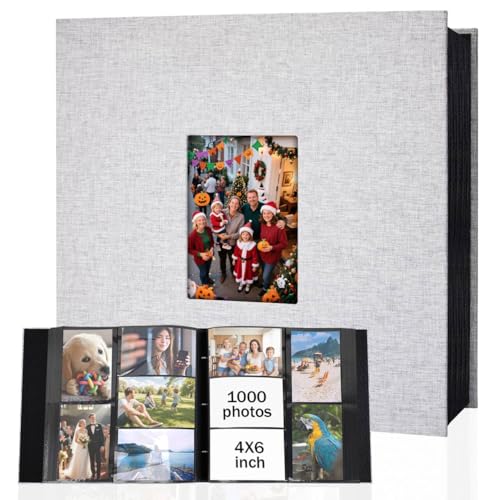 Ruibytree Extra Large Linen Photo Album 4x6 Pictures 1000 Pockets, Grey | Hardcover, Fits Horizontal & Vertical 4x6 Photos, Removable Acid-Free Pages, Front 4x6 Window, for Family, Wedding & Travel - color: Grey