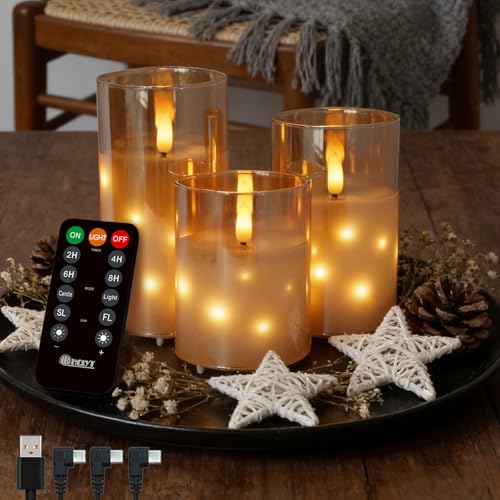 LEDHOLYT Rechargeable Glass LED Flameless Candles, Embedded Star String Flickering Flameless Candles for Romantic Ambiance and Home Decoration with Remote & Timer(Gold) - color: Gold glass flashing light
