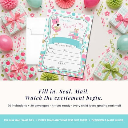 Flamazing Pink Aqua & Gold Glitter Polka Dot Flamingo Birthday Party Invitations for Girls, 20 5x7 Fill In Cards with Twenty White Envelopes by AmandaCreation - style: Flamazing Pink Aqua & Gold Glitte