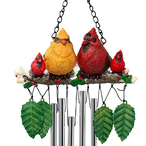 Cardinal Wind Chimes with 4 Red Birds on Birch Branch – Decorative Outdoor Hanging Chime with Greenery, Holly & Leaves – Memorial Cardinal Gift for Garden, Patio or Backyard -17”H
