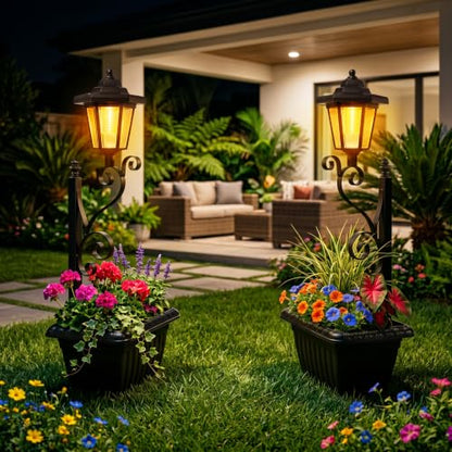 2 Pack Solar Planter Lights Outdoor, 2-in-1 Solar Lamp Post Lights with Built-in Planter, Metal Ground Stake, Waterproof, Decorative Solar Garden Lights for Patio, Lawn, Porch, Backyard & Pathway