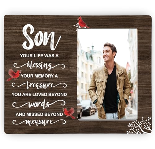 Son Memorial Wooden Picture Frame, In Loving Memory Remembrance Photo Frame Gifts for Son, Bereavement Sympathy Wooden Frame for Loss of Son, 4x6 inch Photo - style: Son Memorial