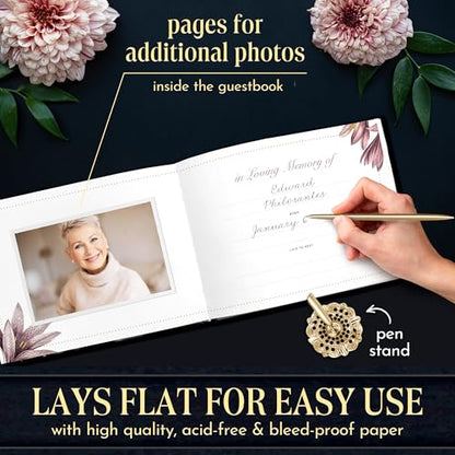 Hardcover Funeral Guest Book with Photo Slot – 9x7 Inch Memorial Sign-In Book, In Loving Memory Keepsake with Gold Stamping, 96 Pages, Ribbon Bookmark & Pen – Elegant Tribute for Celebration of Life