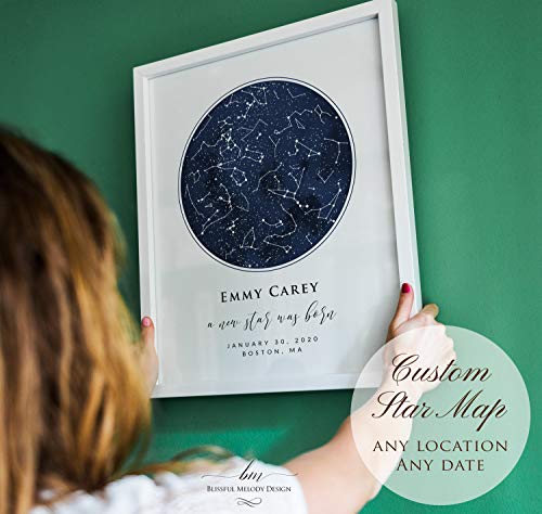 BlissfulMelodyDesign Custom Star Sky Map Print, Navy Watercolor Texture Zodiac Constellation, Wedding Anniversary Birthday Newborn Gift, Wall Art Prints (One Circle) - style: One Circle
