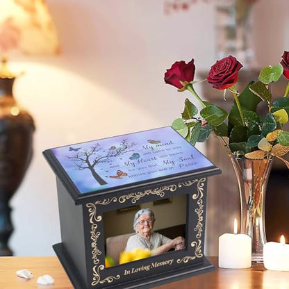 Wooden Urn Box for Ashes Cremation Urns for Human Ashes Adult Male or Female, Memorial Keepsake Urns with Photo Frame, Funeral Casket for Men Women, Burial Urn for Adults Up to 200 IBS-Tree - size: Tree