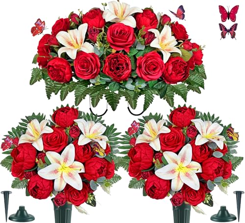Artificial Cemetery Flower Bouquet with Grave Vase and Headstone Flower Saddle for Gravesite Decoration - Red Camellia Rose Lily, Easy Fit and Colorfast, 3-Piece Set