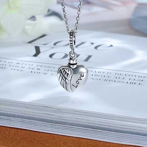 Sterling Silver Cremation Urn Bead Charm for Ashes - S925 Holds Ash Keepsake Pendant Family Tree of Life Memorial Jewelry Gifts for Women Loss Loved One - color: Heart Wing