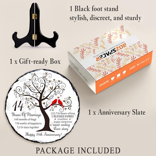 14th Anniversary Wedding Gift for Her Him – Natural Slate Stone Plaque, 14 Year Anniversary Idea Gifts for Wife Husband, Ivory 14 th Wedding Keepsake Gifts - color: 14th Anniversary
