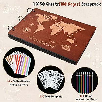 Travel Scrapbook Album Photo Album Scrapbook | Premium Wooden Memory Book Travel Photo Albums Kit with 100 Black Pages for Couples Adventure Graduation Gift - color: Travel Scrapbook