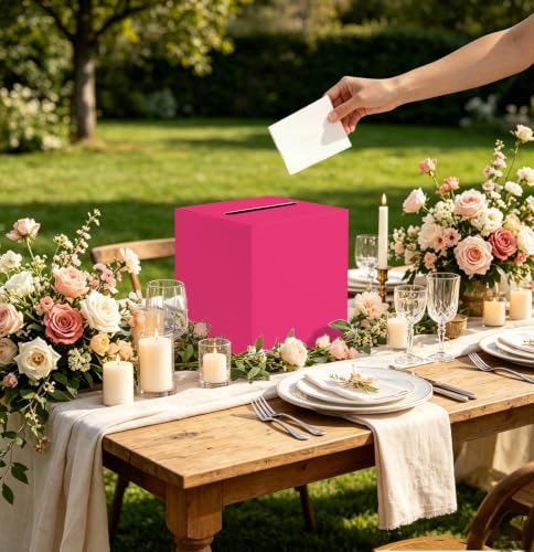 SietDESEO Hot Pink Card Box with Slot Money Gift Card Box Holder for Party Wedding Reception Birthday Graduation Bridal Shower Baby Shower Diaper Raffle Box - color: HOT PINK CARD BOX, size: 7.8 X 7.8 X 7.8 INCH