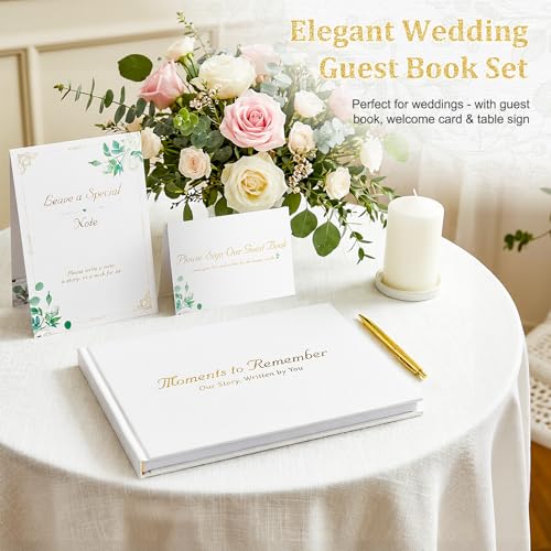 Wedding Guest Book Set, White Linen Hardcover, Gold Foil, 120 Pages - color: White