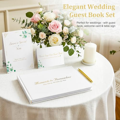 Wedding Guest Book Set, White Linen Hardcover, Gold Foil, 120 Pages - color: White