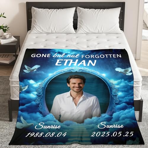 Custom Sympathy Blanket with Photo - Personalized Memorial Blanket for Departed Loss of Loved One in Loving Memory Bereavement Grief Gifts for Dad Mom Husband Wife Friend Women Men (Mirror and Dove)