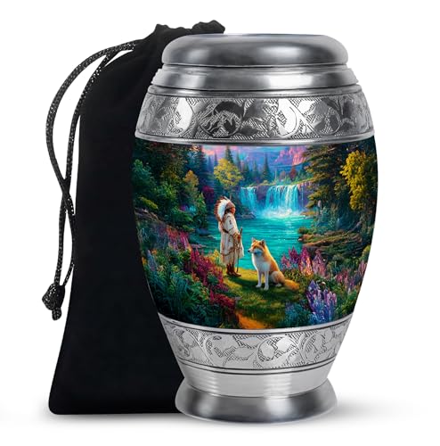 Native American Funeral Urns for Cremated Remains - Green Cremation Urns | Large Waterfall Urn for Ashes 10 Inch - Fox Memorial Urn for Human Remains Adult Ashes - Companion Urns 2 Adults for Couple - color: Native American-5, size: 10-inch