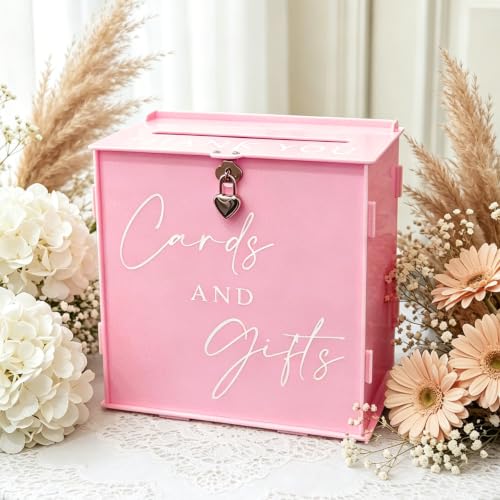Acrylic Card Box with Lock & Slot, Macaron Pink Money Gift Card Box for Baby Shower Reception, Cash Envelope Box for Quinceanera Graduation Bridal Shower Wedding & Anniversary Party Supplies - color: Macaron Pink