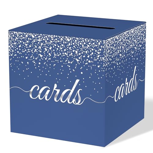 WNINK Blue Silver Cards Box, Cards Receiving Box For Birthday, Graduation, Wedding, Bridal or BabyShower,Anniversaries, Retirements, Engagement Party Decorations Supplies Money Box - color: Blue Silver