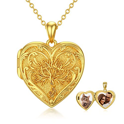 SOULMEET Personalized Tree of Life/Palm Tree Heart Locket Sterling Silver Necklace That Holds 1 or 2 Pictures Memorial Vintage Photo Locket Custom Any Photo Healing Gift - style: D2-Gold tree locket+photo